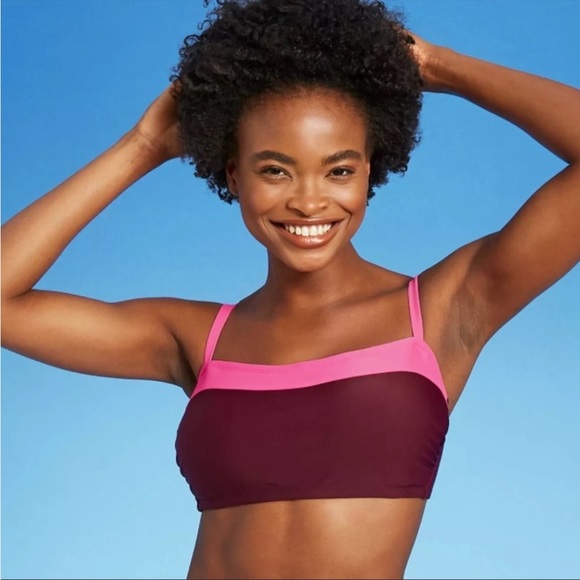 Kona Sol Burgundy Pink Colorblock Square Neck Bandeau Bikini Swim Top - Picture 1 of 10